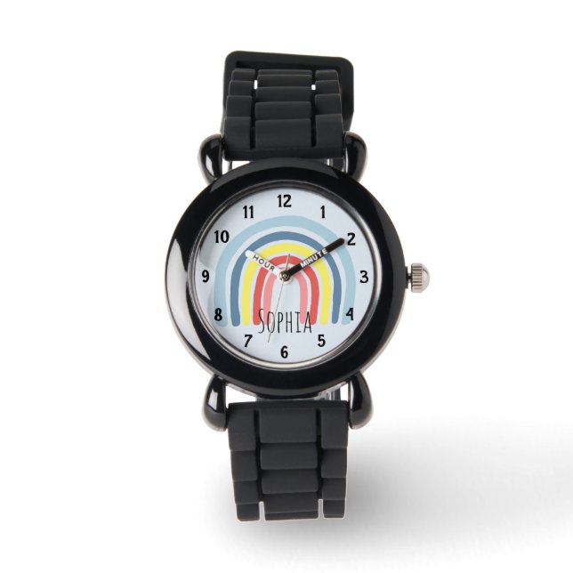 Mädchen Niedlicher Whimsical Rainbow Cartoon und N Armbanduhr (Vorderseite)