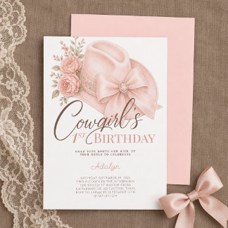 Mädchen Peach Coquette Schrift Cowgirl 1. Geburtst Einladung