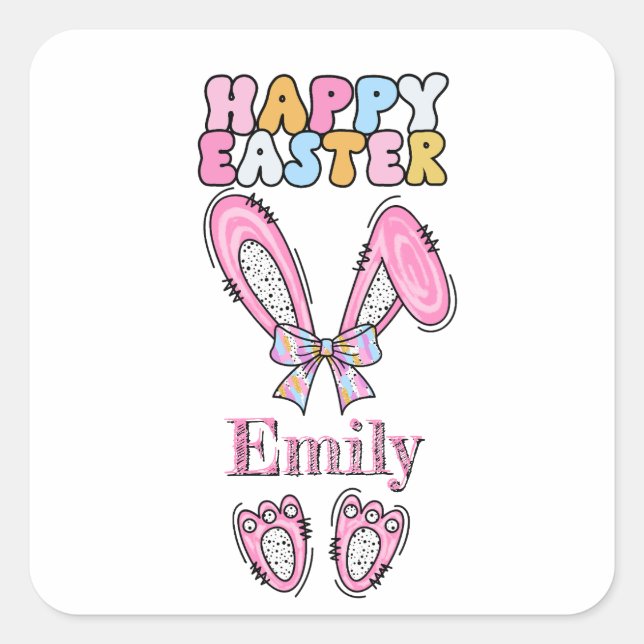 Mädchen personalisieren glückliche Ostern Bunny Pi Quadratischer Aufkleber (Vorderseite)