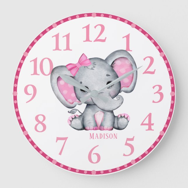 Mädchen Personalisiert Pink Elephant Wall Clock Große Wanduhr (Vorderseite)
