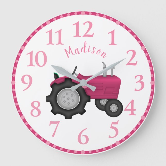 Mädchen Personalisiert rosa Traktorenhalterung Große Wanduhr (Vorderseite)