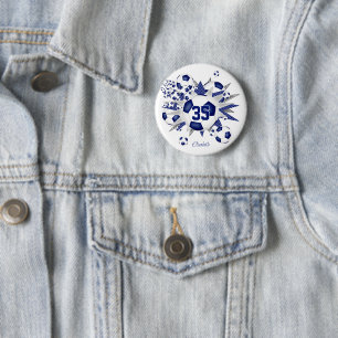 Mädchen personalisierter Fußball-Ball blasen blau Button