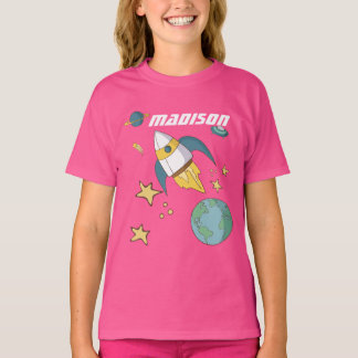Mädchen-personalisiertes Rocket-Schiffs-Shirt T-Shirt