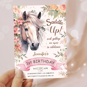 Mädchen Pferd 1. Geburtstag Floral Wild Saddle Up Einladung