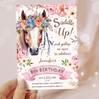 Mädchen Pferd 8. Geburtstag Pink Floral Cowgirl Einladung