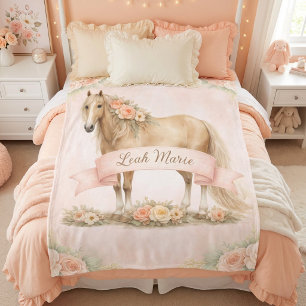 Mädchen Pfirsich Blumen Pferd Personalisierter Nam Fleecedecke