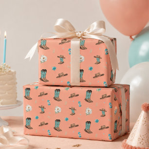 Mädchen Pfirsich Türkis Cowgirl Stiefel Floralmust Geschenkpapier