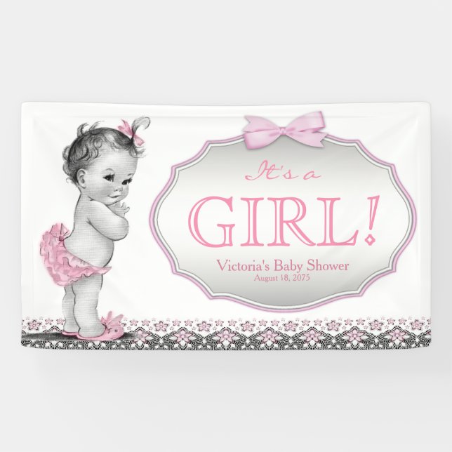 Mädchen Pink Gray Lace Bow Baby Dusche Banner (Horizontal)
