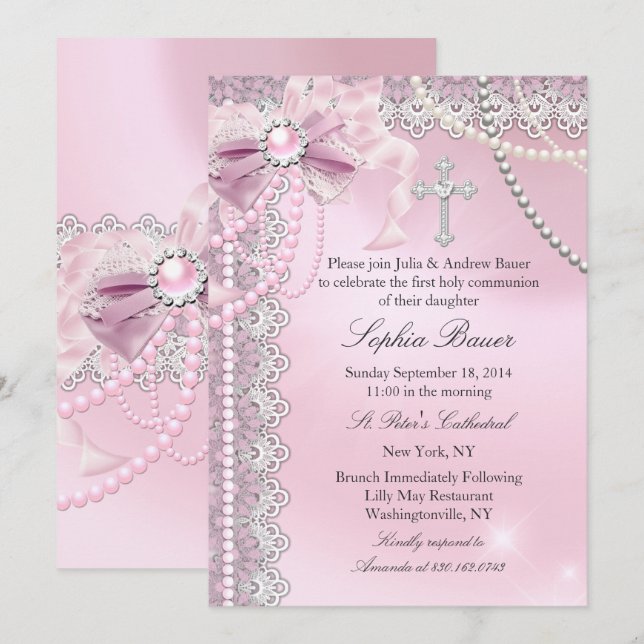Mädchen Pink Pearl Bow Kreuz Heilige Kommune Einladung (Vorne/Hinten)