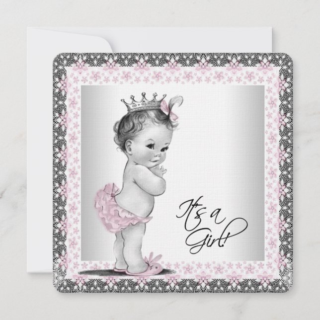 Mädchen Pink und Grau Linen Baby Dusche Einladung (Vorderseite)