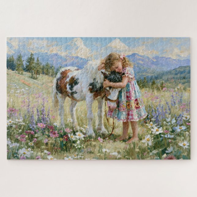 Mädchen Pony Berge Wiese Blumen Malerei (Horizontal)