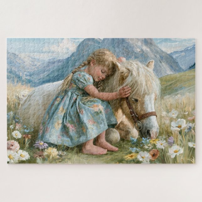 Mädchen-Pony-Gebirgs-Wiesen-Gemälde (Horizontal)