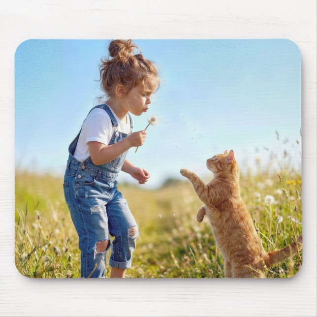Mädchen pustet Löwenzahnsamen weg Mousepad (Vorne)