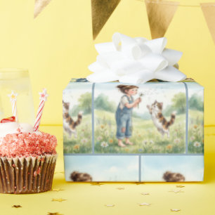 Mädchen pustet Löwenzahnsämlinge mit Katze Geschenkpapier