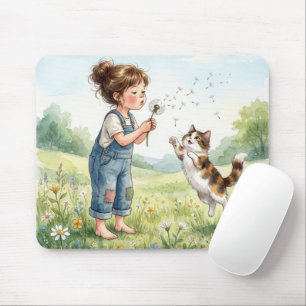 Mädchen pustet Löwenzahnsämlinge mit Katze Mousepad