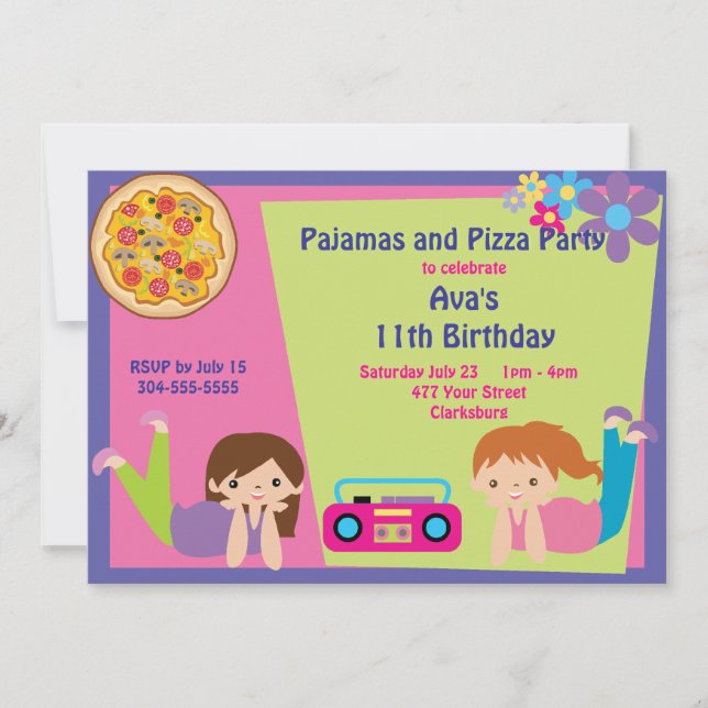 Mädchen Pyjama u. Pizza-Party Einladung (Vorderseite)