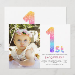 Mädchen Regenbogen 1. Geburtstag Foto Einladung
