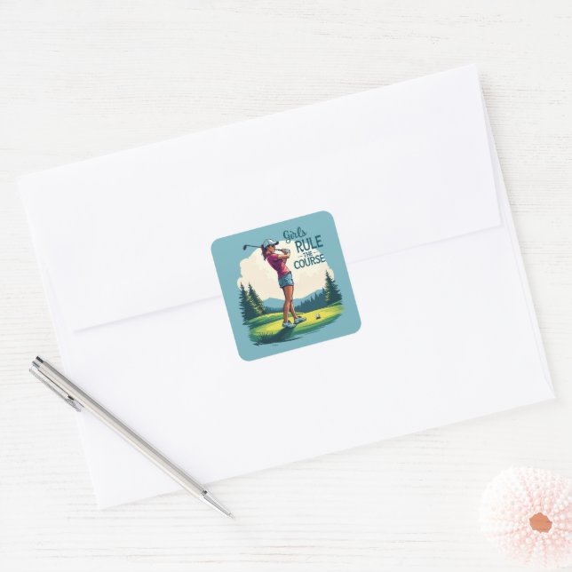 Mädchen regieren den Kurs Retro Golf Illustration Quadratischer Aufkleber (Umschlag)