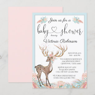 Mädchen Reh Rosa Türkis Aquarell Babyparty Einladung