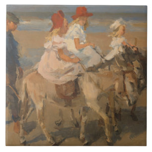 Mädchen reiten Donkeys am Strand Fliese