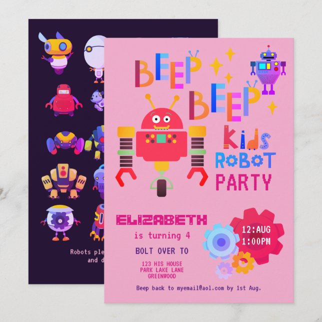Mädchen ROBOT PARTY Rosa Geburtstag Cartoon Niedli Einladung (Vorne/Hinten)