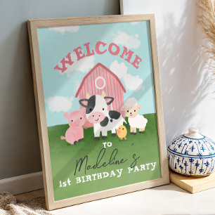Mädchen Rosa Bauernhof-Tiere 1. Geburtstags-Willko Poster