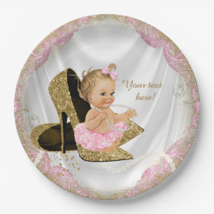 Mädchen Rosa Gold Hochhackiger Baby Shower Pappteller