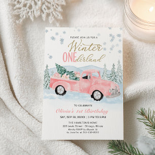 Mädchen Rosa LKW Winter Onederland Erster Geburtst Einladung