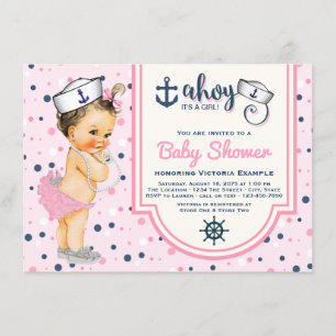 Mädchen Rosa Navy Blau Nautische Babyparty Einladung