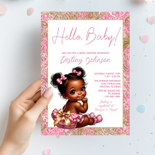 Mädchen Rosa und Gold "Hallo Baby" Babyparty Einladung