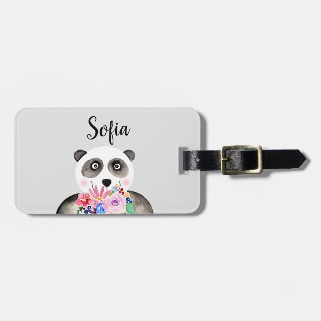 Mädchen Schöne Blume Aquarell Panda und Name Gepäckanhänger (Vorderseite horizontal)
