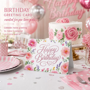 Mädchen Schönes Happy Birthday Silber Rosa Floral Karte