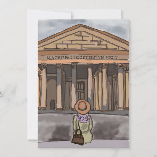 Mädchen sitzt vor Pantheon in Rom. Einladung