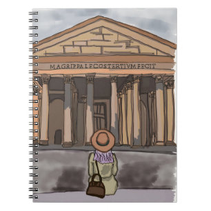 Mädchen sitzt vor Pantheon in Rom. Notizblock