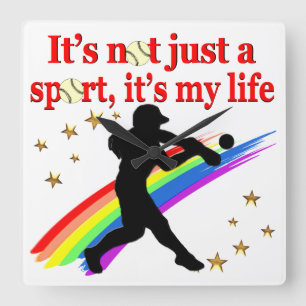 MÄDCHEN SOFTBALL RED RAINBOW INSPIRATIONAL DESIGN QUADRATISCHE WANDUHR