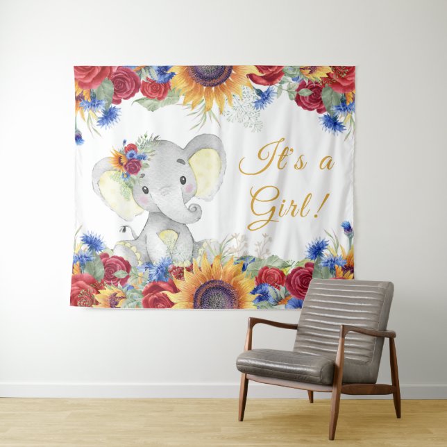 Mädchen Sonnenblume Elephant Babydusche Hintergrun Wandteppich (Beispiel (Horizontal))