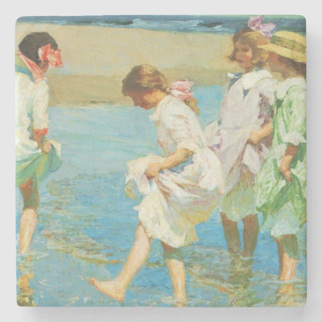 Mädchen Spazieren im Wasser am Meer Steinuntersetzer (Vorderseite)