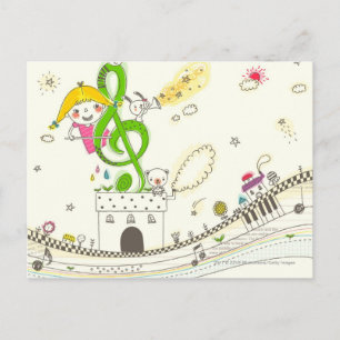 Mädchen spielen mit musikalischen Noten im Haus Postkarte