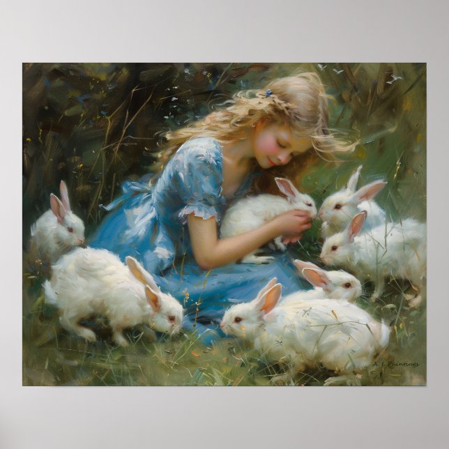 Mädchen spielen zu Ostern mit weißen Bunnien Poster (Vorne)