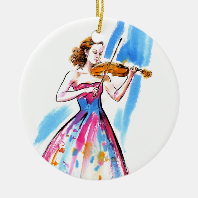 Mädchen spielt Geige Keramik Ornament (Vorne)