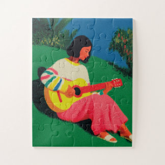 Mädchen spielt Gitarre auf grasgrüner Illustration