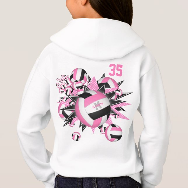 Mädchen Spornrosa schwarze Volleyballstars Hoodie (Rückseite)