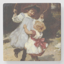 Mädchen springen mit einem Skipferd Steinuntersetzer