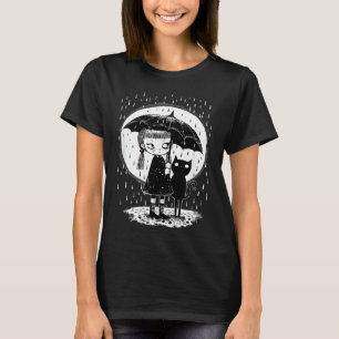 Mädchen steht im Regen mit seltsamer Katze bei Mon T-Shirt