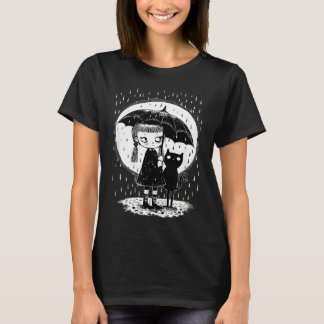 Mädchen steht im Regen mit seltsamer Katze bei Mon T-Shirt