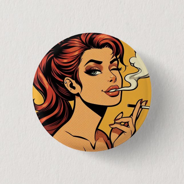 Mädchen Stoner | Comicbuch Pop-Art | Rauchende Lie Button (Vorderseite)