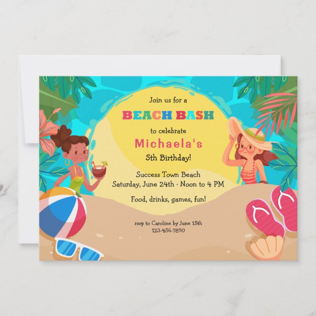 Mädchen-Strandparty Einladung (Vorderseite)
