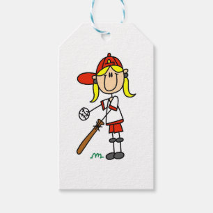 Mädchen-Strichmännchen-Baseball oben an den Geschenkanhänger