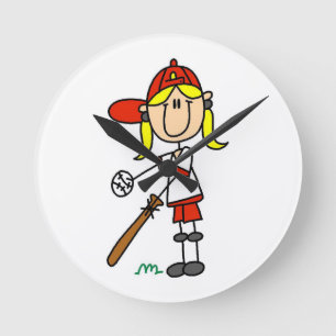 Mädchen-Strichmännchen-Baseball-Schlagmann Runde Wanduhr
