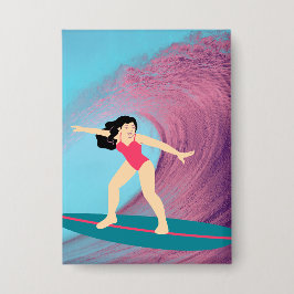 Mädchen surfen bei Sonnenuntergang. Button